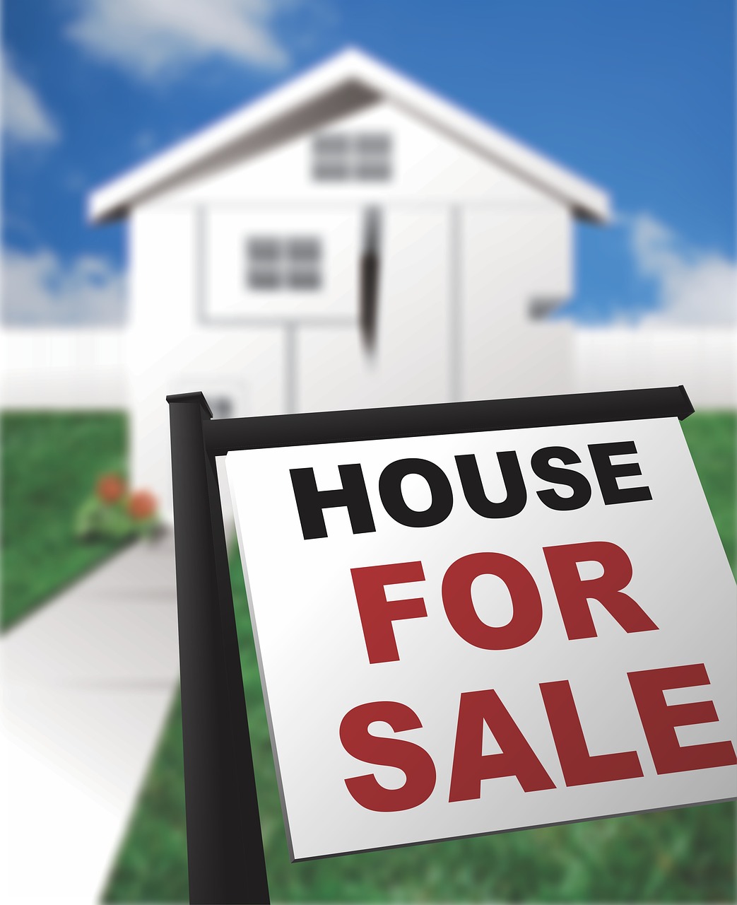 picture of a small white house with a for sale sign in front of it