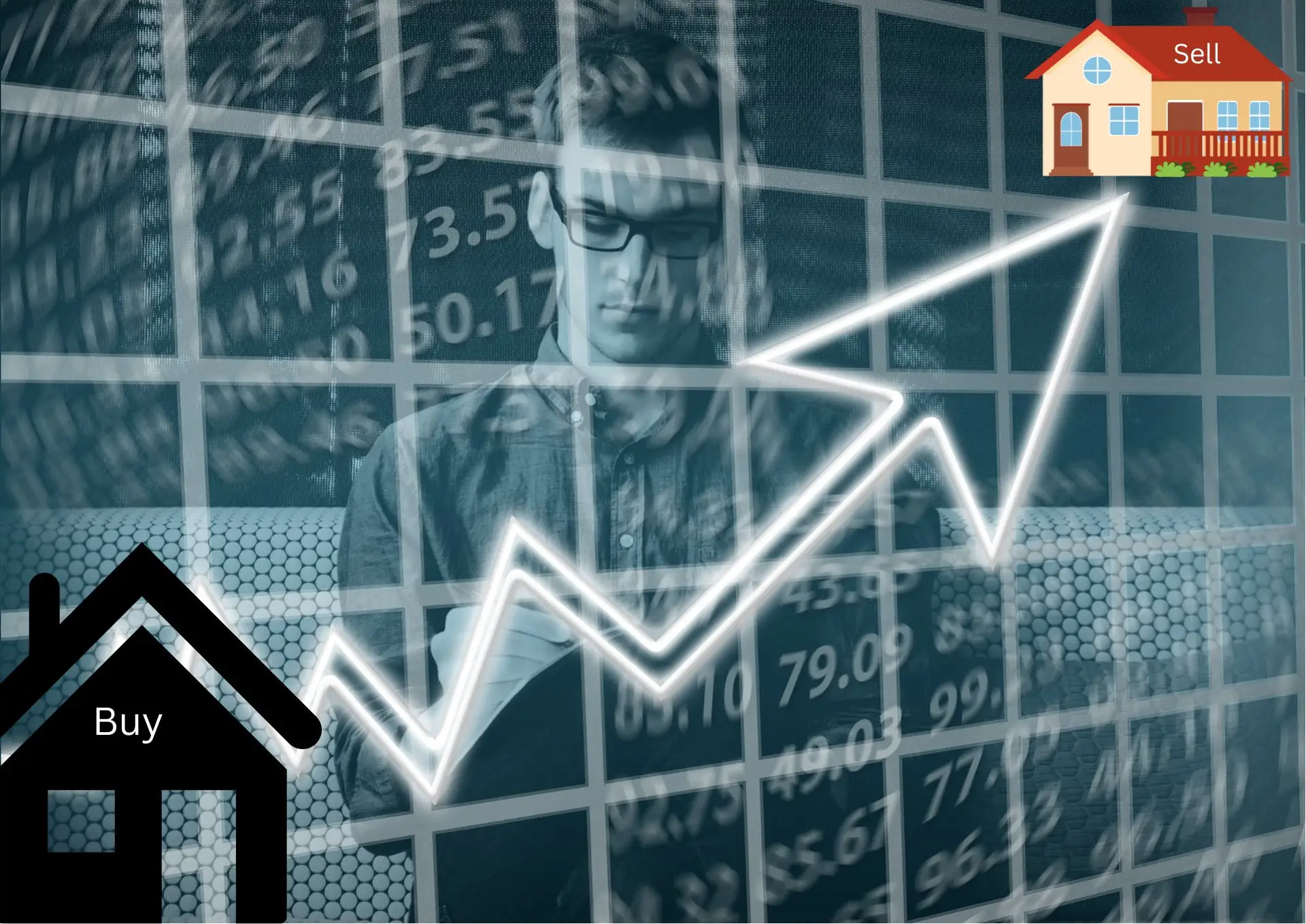 Graph showing an upward trending arrown with a house labelled buy on low end and sell on high end