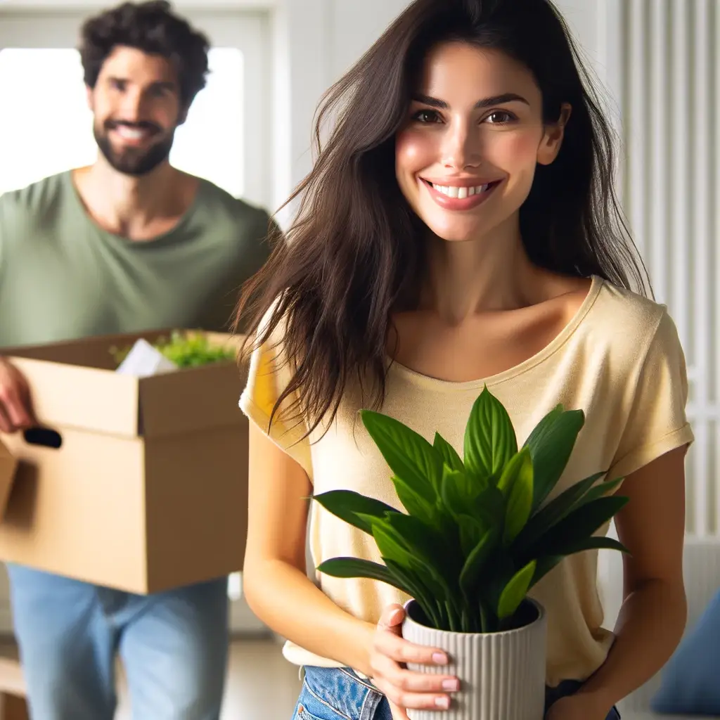 man and woman smiling as they move into their house holding a plant