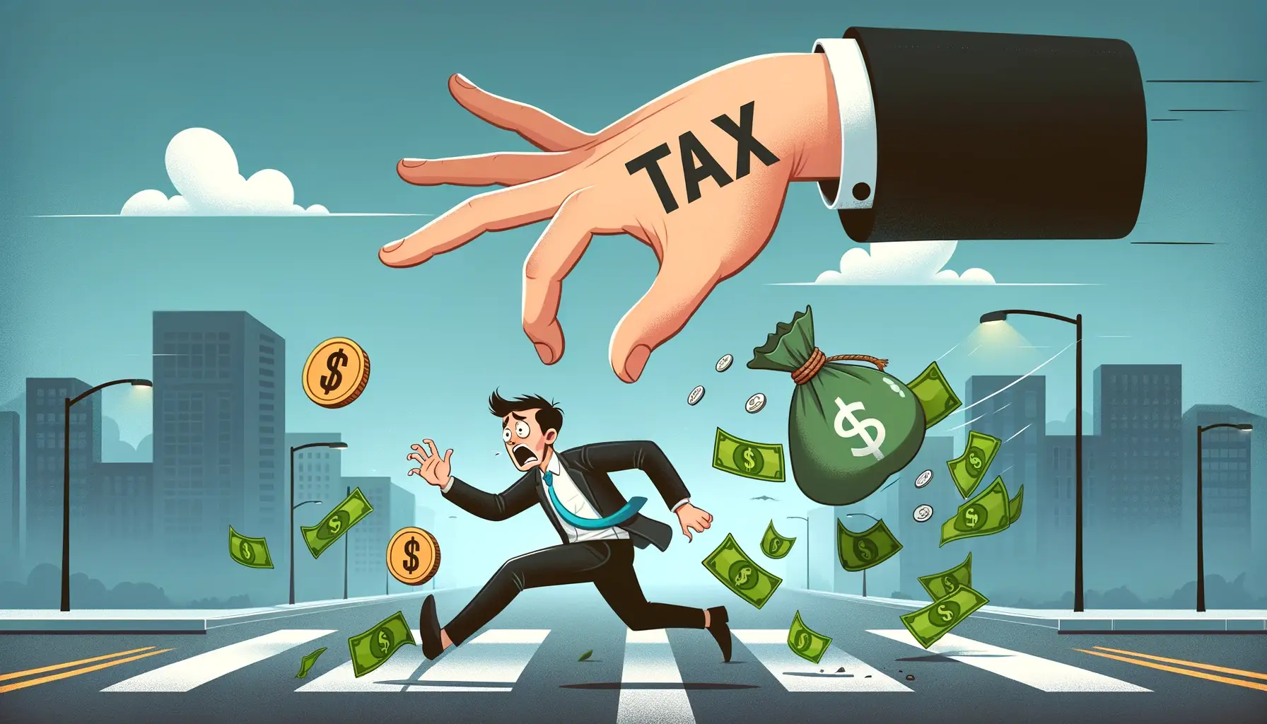 Cartoon of a man in a suit running frantically with a money bag, losing coins and bills, as a giant hand labeled 'TAX' reaches for him on a city street