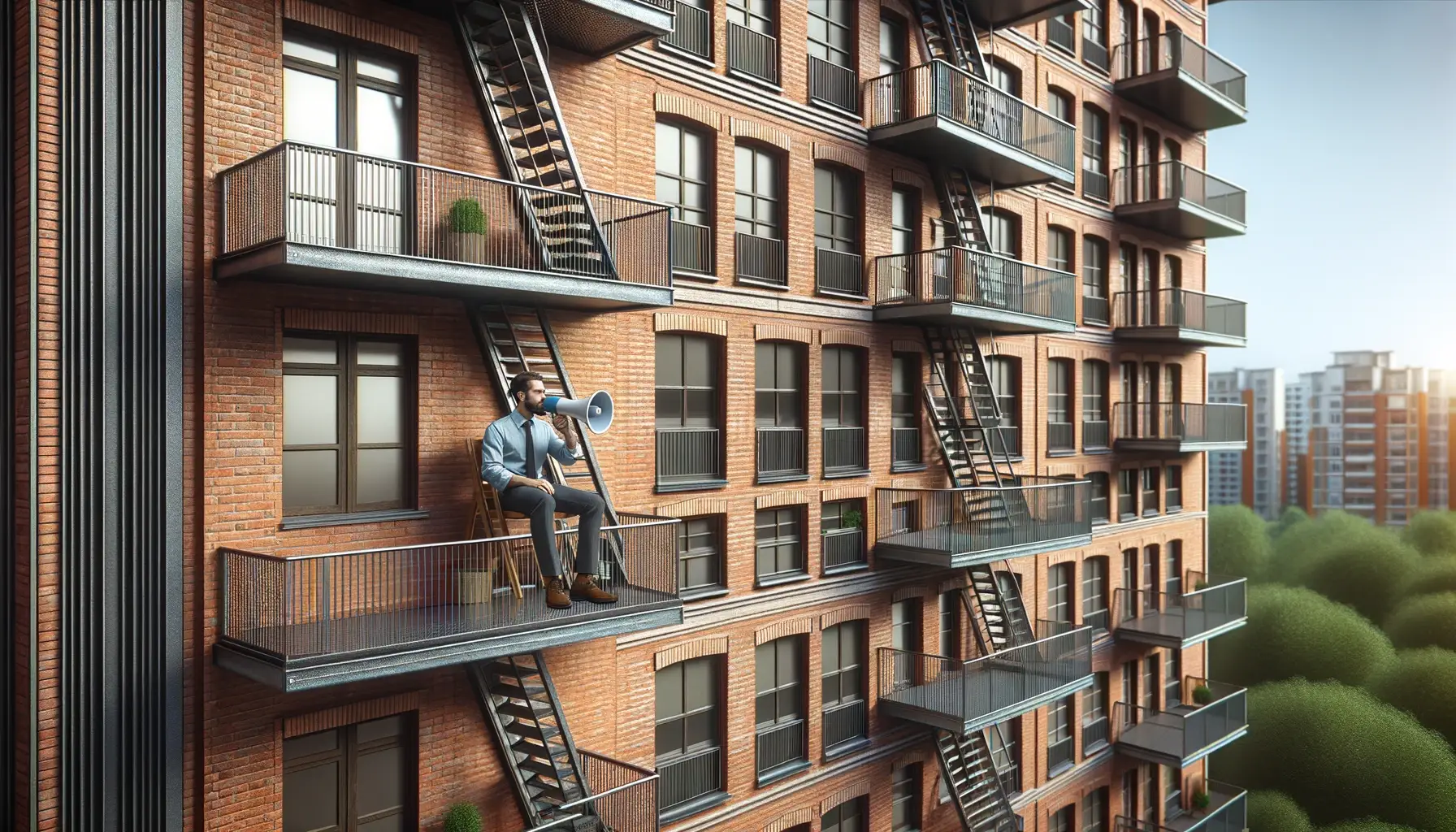 A brick apartment building with multiple balconies and metal staircases, in a city residential area during daylight. On one of the balconies, a man sits holding a bullhorn, overlooking the street below.