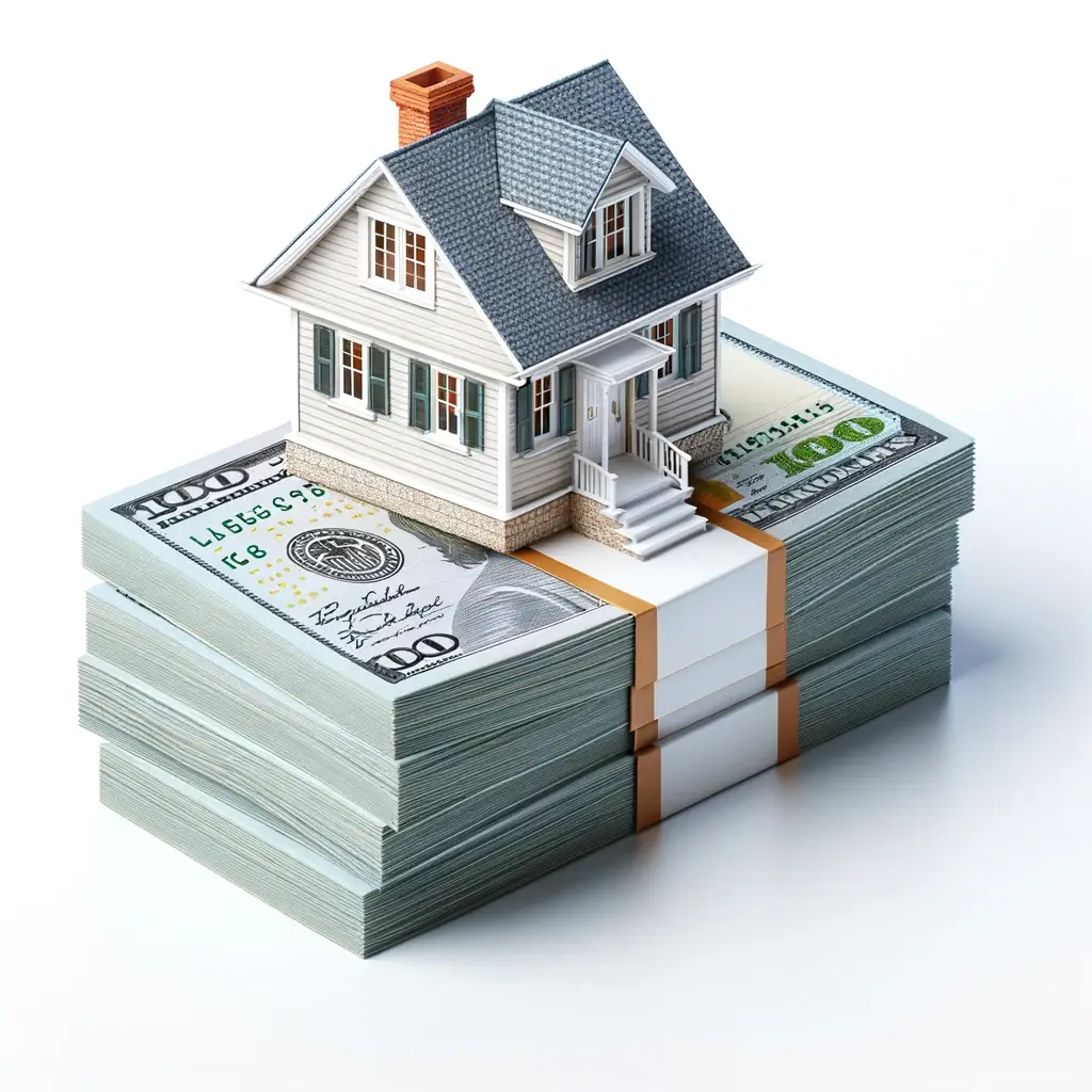 A small, detailed model house perched atop a substantial pile of U.S. dollar bills against a white background, representing the concept of home equity or real estate investment."