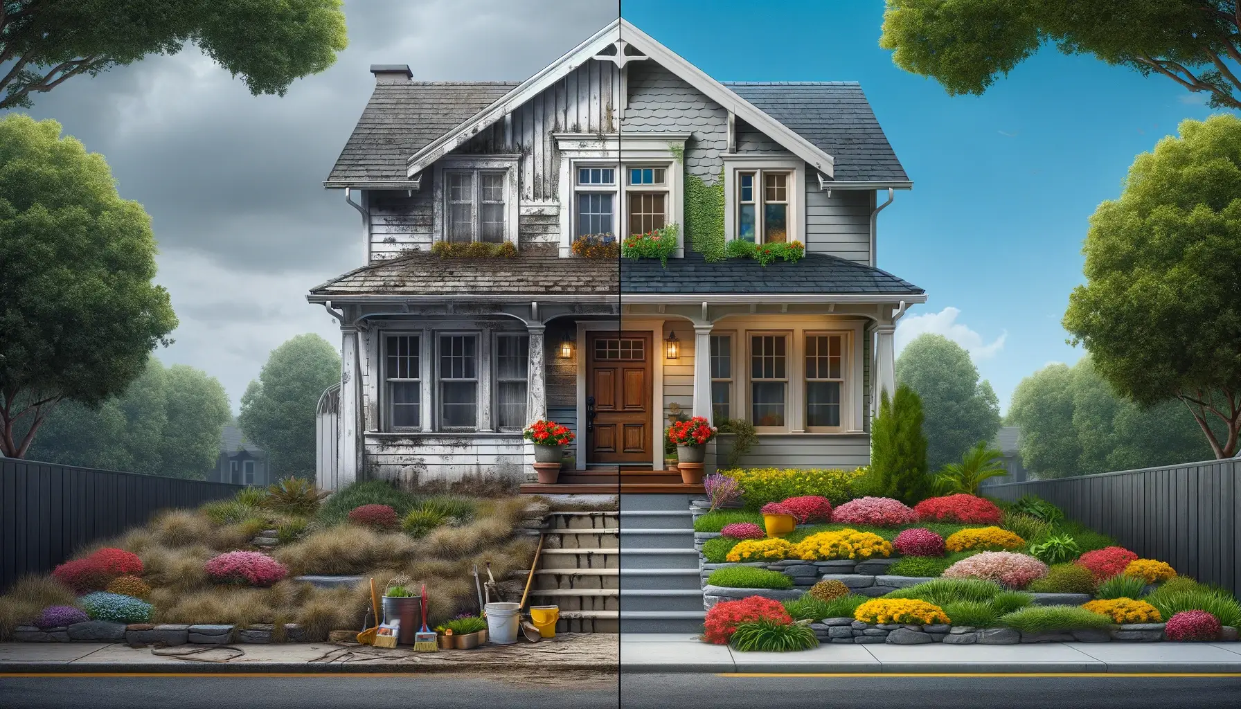 depiction of a house, left side is worn, paint is old, ground is bare, right side of house has been freshly painted, landscaping has been added