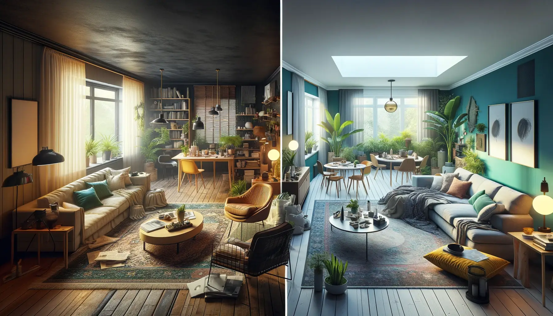 image of a room before and after, one side is dark and cluttered the other side is bright and clean